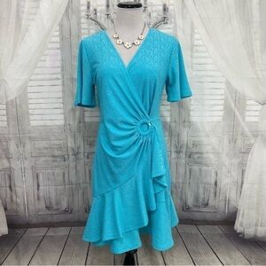 Michael Kors Dress Turquoise Blue Eyelet Surplice Flutter Sleeve Faux Wrap NEW